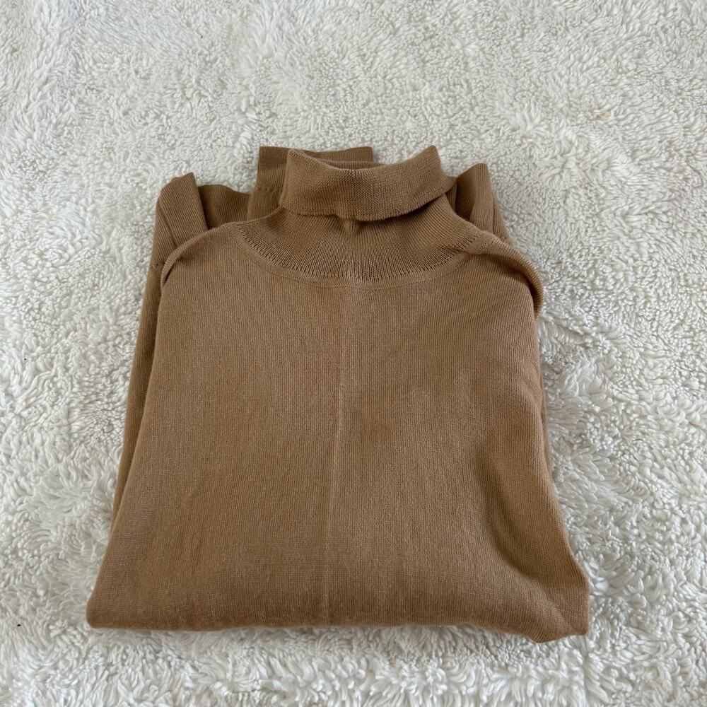 VTG LL Bean Womens Tan Turtleneck Merino Wool Sweater L Soft Chic Minimalist